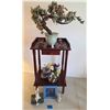 Image 1 : Wooden Table with Drawer, Chinese Bonsai Tree, and Glass Figurines