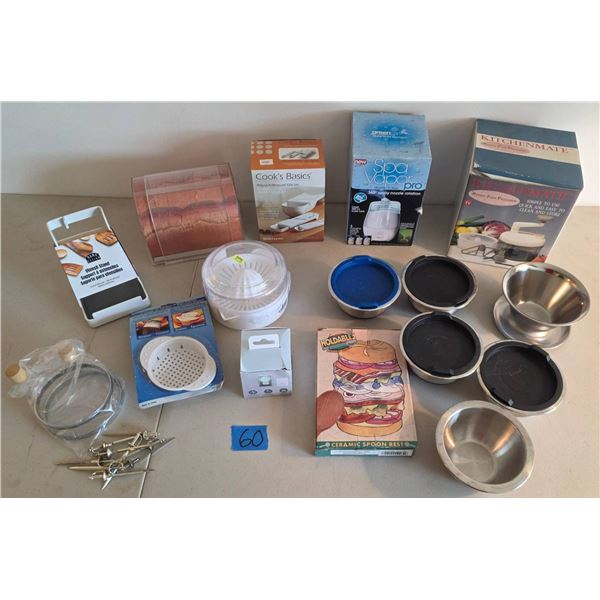 Kitchen Miscellaneous Items Including Bowls, Gadgets, and Accessories