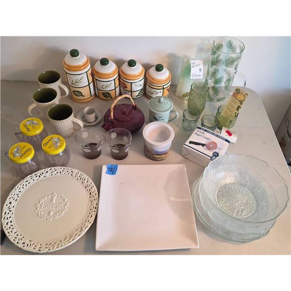 Kitchenware Set with Cannisters, Teapot, Plates, and Glassware