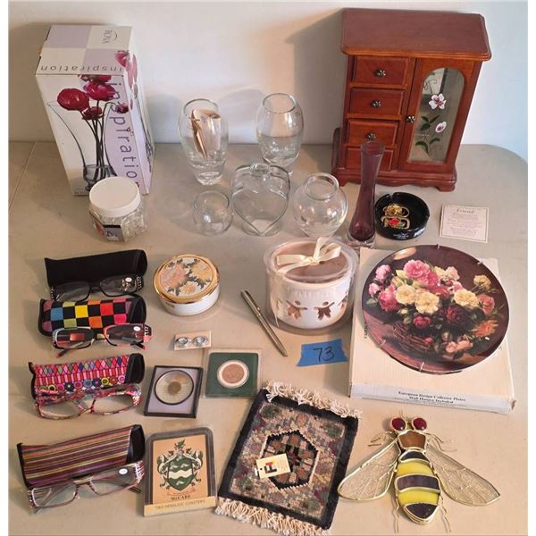 Decorative Items, Glasses, Jewelry Chest, and Vase