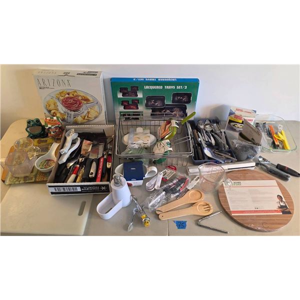 Kitchenware Lot Featuring Luminarc Dish, Lacquered Trays & Utensils