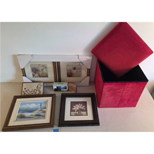 Framed Artworks and Red Storage Ottoman