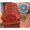 Image 1 : Upholstered Orange Armchair and Box Fan on Stand