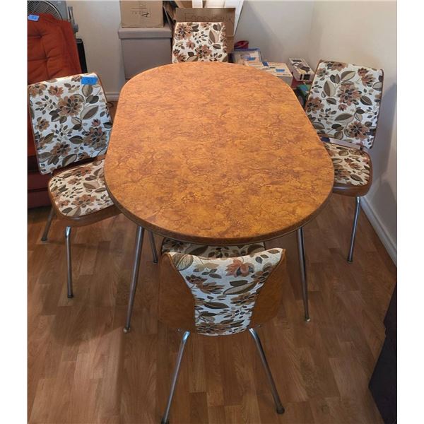 Mid-Century Woodgrain Laminate Table with Six Floral Upholstered Chairs