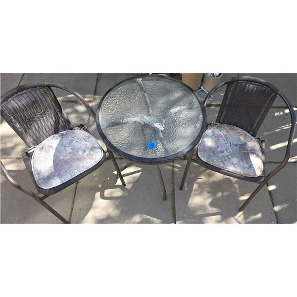 Outdoor Bistro Set with Glass-Top Table and Two Wicker Chairs