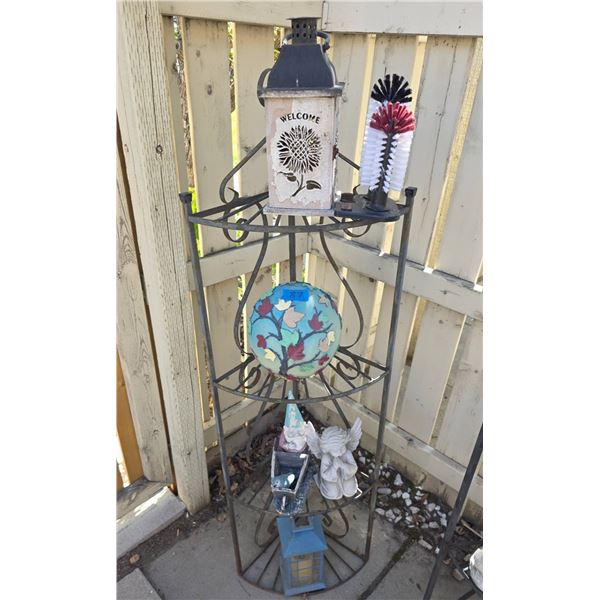 Metal Corner Shelf with Lantern, Decoratives, and Figurines