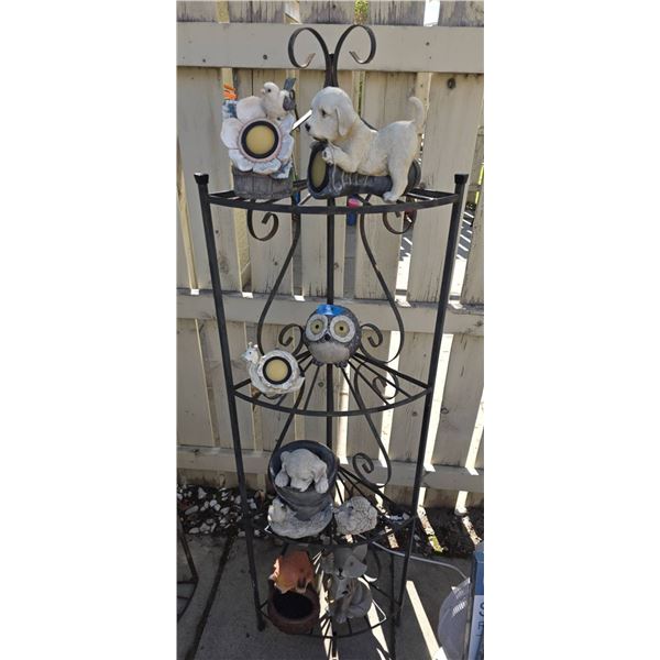 Metal Garden Shelf With Animal Figurines and Solar Lights