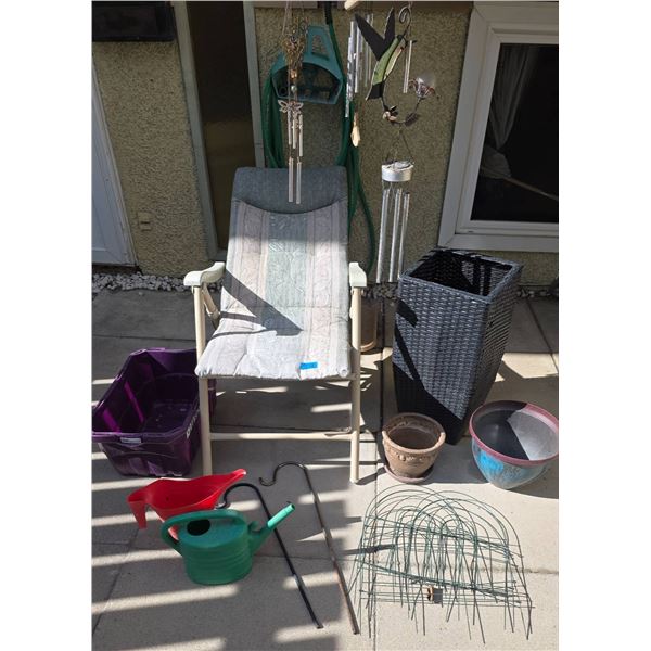 Garden Accessories With Chair, Wind Chimes, Planters, and Watering Can