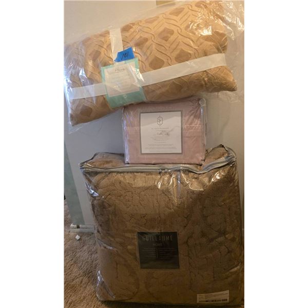 Bedding Items Including Comforter Set, Sheet Set, and Cushion