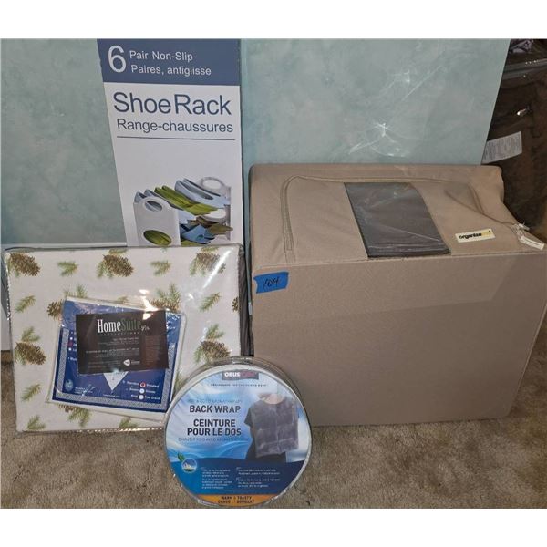 Household Lot With Shoe Rack, Back Wrap, and Flannel Sheet Set