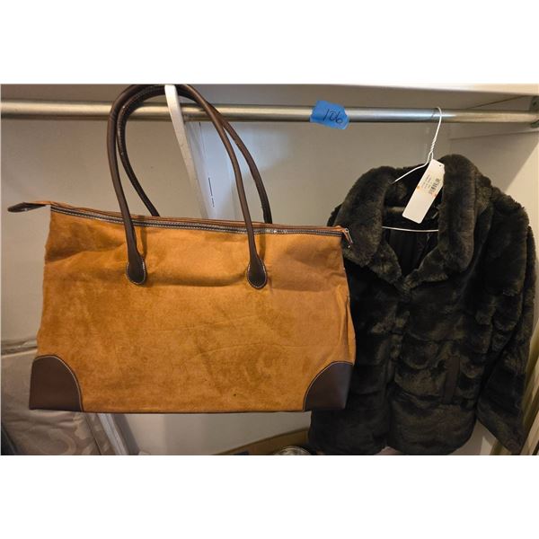 Brown Suede Tote Bag with Leather Accents and Faux Fur Jacket