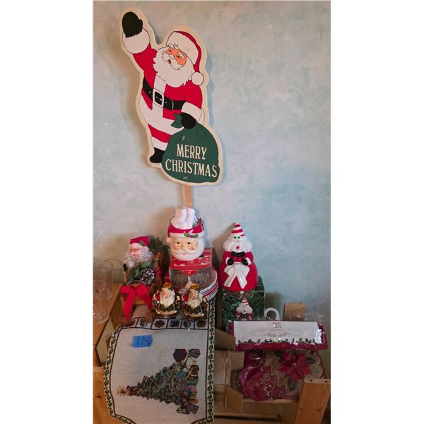 Christmas Decor Lot Featuring Santa-Themed Items and Textiles