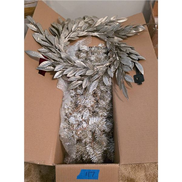 Holiday Living 6 Lighted Slim White/Champagne Tinsel Tree with Silver Wreath