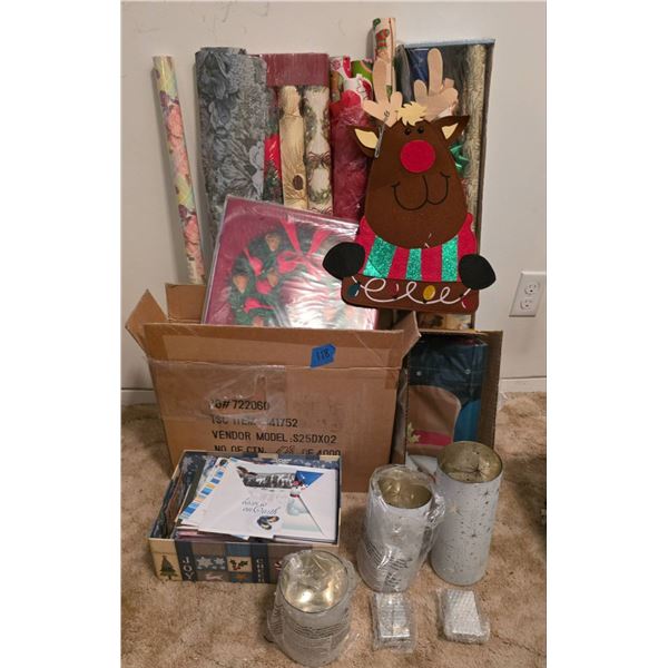Holiday Decorations Lot With Wrapping Paper, Candles, and Seasonal Decor