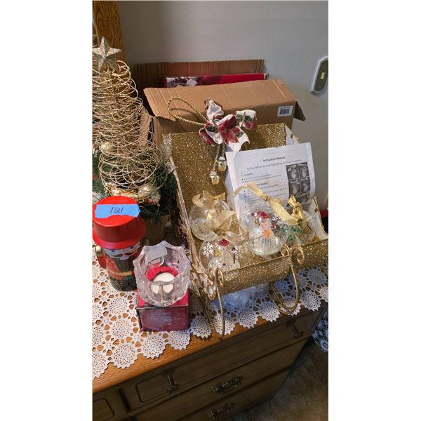 Holiday Decor Lot With Sleigh, Ornaments, Nutcracker Tin, and Tree