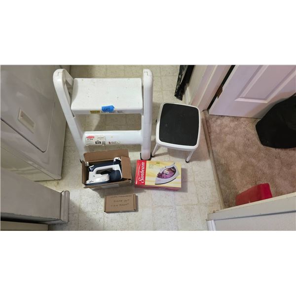 Household Lot with Step Stool, Iron, and Sunbeam Iron in Box