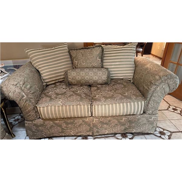 Two-Seat Upholstered Sofa with Floral and Striped Cushion Accents