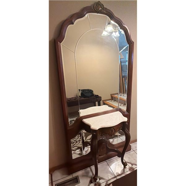 Solid Wood Hall Mirror with White Marble Top and Carved Details