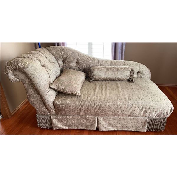 Tufted Chaise Lounge with Floral Upholstery and Accent Pillows