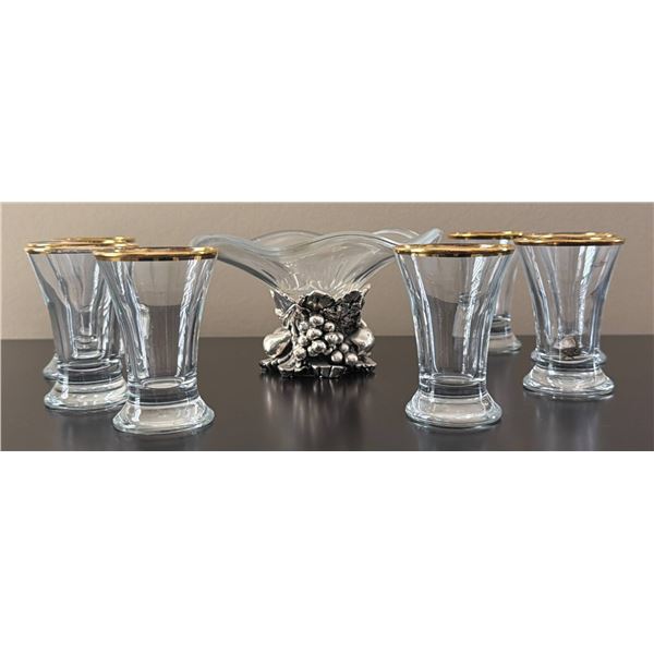 Handcrafted Glass Bowl with 925 Silver Base and Set of 8 Glasses with Gold Trim