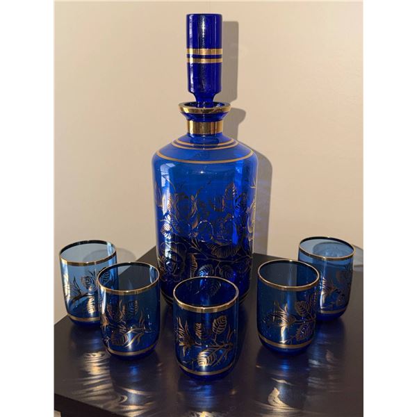 Cobalt Blue Glass Decanter Set with Gold Floral Accents, 6 Pieces