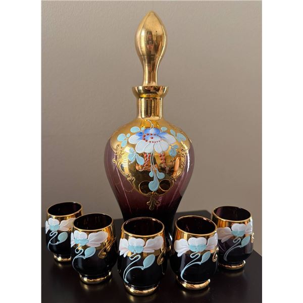 Bohemian Glass Decanter with Stopper and 5 Matching Glasses, Hand-Painted Floral Design