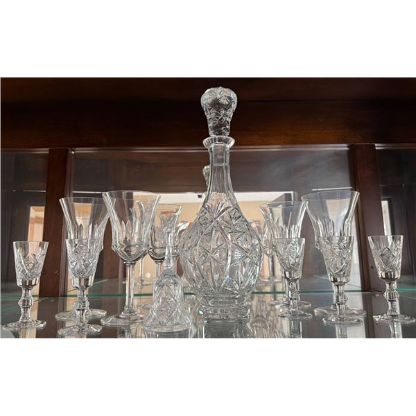 Cut Glass Crystal Decanter Set with Ten Glasses and Bell