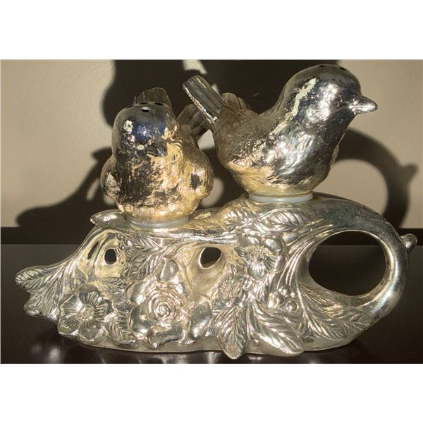 Silver-Tone Bird Motif Salt and Pepper Shaker Set with Floral Base