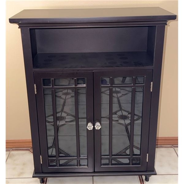Black Wood Cabinet With Glass Panel Doors and Acrylic Knobs
