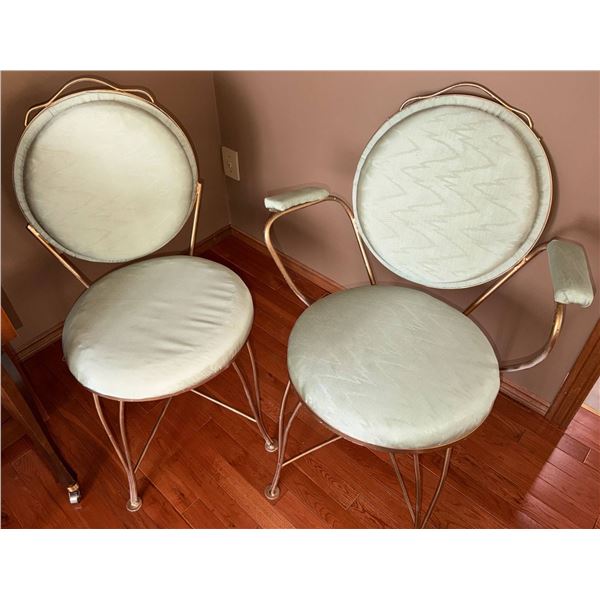 Two Stunning Sage Green Upholstered Brass Chairs with Circular Backrests