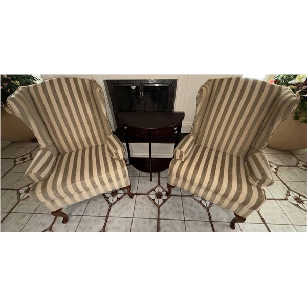 Upholstered Wingback Armchairs and Wood Demilune Table