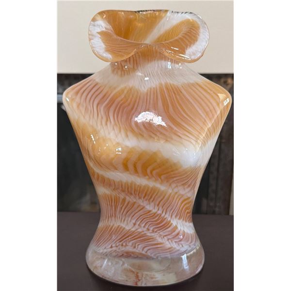 Handblown Art Glass Vase with Swirled Amber and White Design