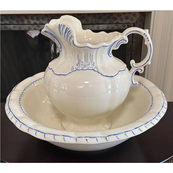 White Ceramic Pitcher and Basin Set with Blue Accents and Scalloped Edges