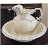 Image 1 : White Ceramic Pitcher and Basin Set with Blue Accents and Scalloped Edges