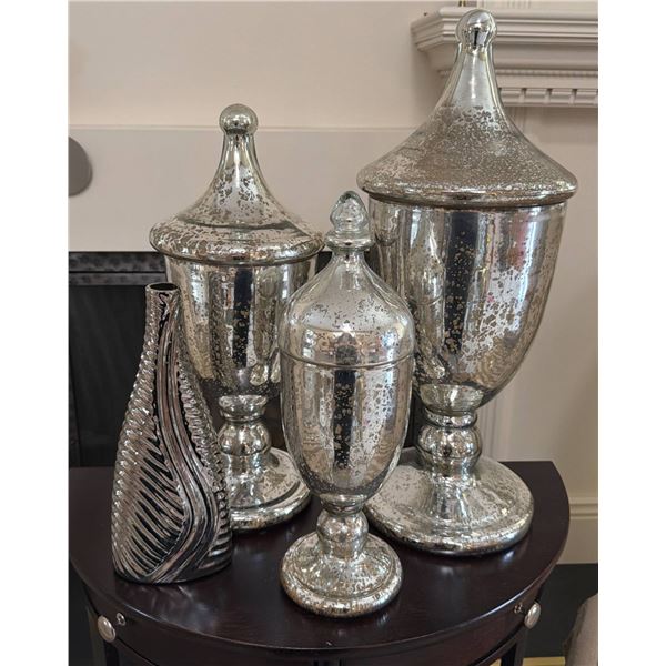Mercury Glass Apothecary Jars and Ribbed Decorative Vase