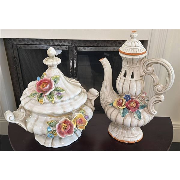 Italian Ceramic Lidded Tureen and Coffee Pot with Floral Embellishments