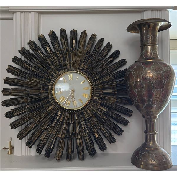 Solid Brass Vase with Engraved Floral Motif and Decorative Starburst Clock