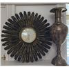 Image 1 : Solid Brass Vase with Engraved Floral Motif and Decorative Starburst Clock
