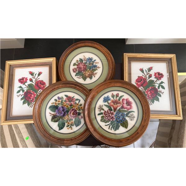 Five Framed Needlepoint Floral Artworks with Round and Rectangular Frames