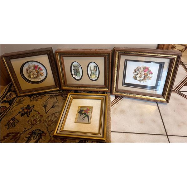 Four 3D Framed Artwork Pieces with Floral and Figurative Themes
