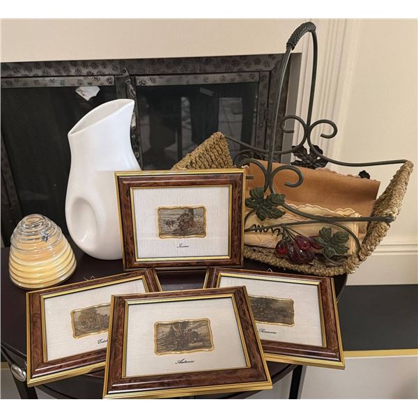 Framed Art, Ceramic Pitcher, Bee Hive Candle, Basket with Linens