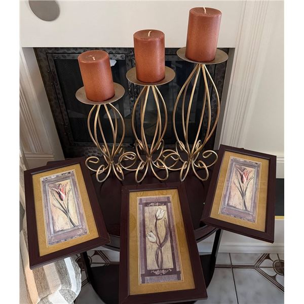 Three Metal Candle Holders and Three Framed Floral Prints