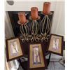 Image 1 : Three Metal Candle Holders and Three Framed Floral Prints