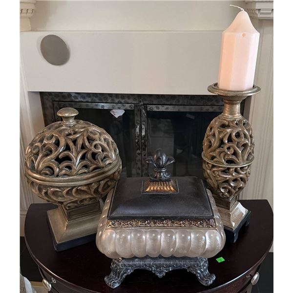Decorative Set of Candle Holder, Lidded Canisters, and Trinket Box