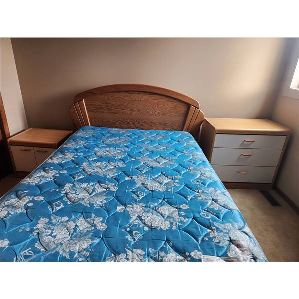 Bedroom Furniture Twin Headboard, Mattress, Boxspring, Rails, Nightstand, 3-Drawer Dresser