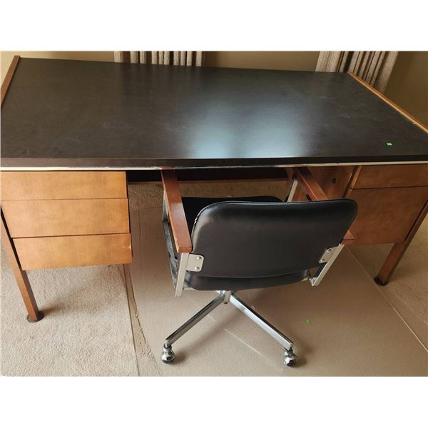 Vintage Wooden Desk with Vinyl Office Chair and Floor Protector Pad
