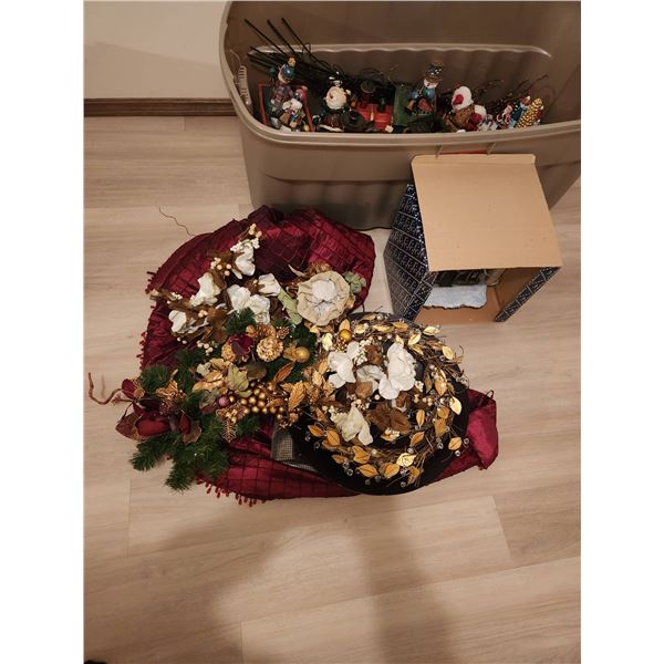 Holiday Decorations Lot: Tree Skirt, Train Decor, Floral Centerpieces, Santa Village Displays
