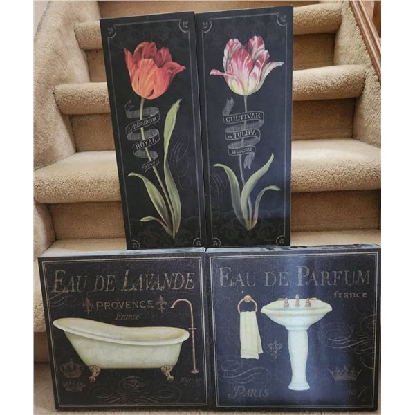 Four Canvas on Board Home Decor Prints with Floral and Bath Themes