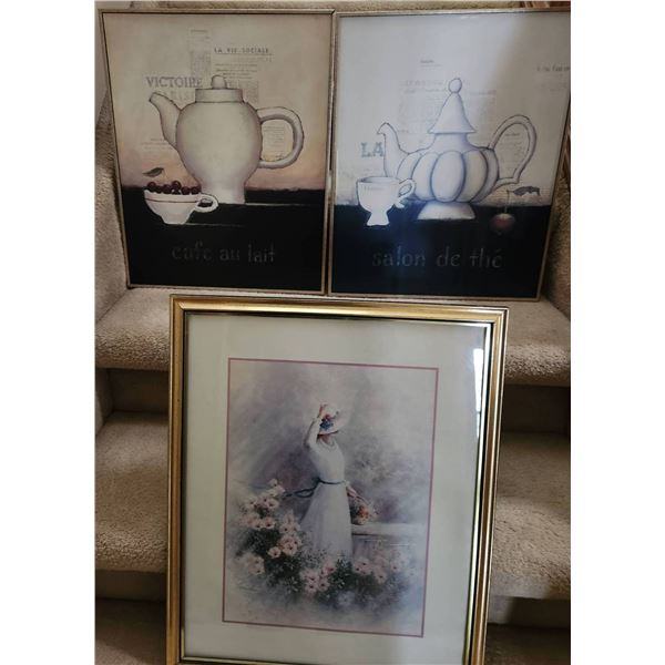 Three Art Prints Featuring Teapots and Floral Artwork