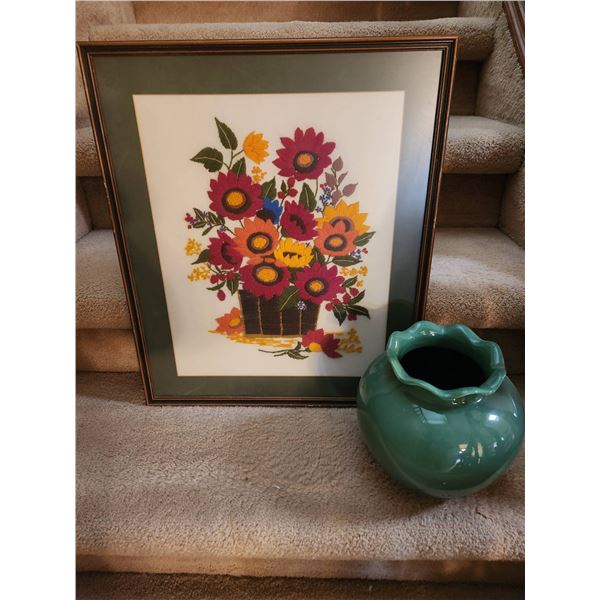 Framed Floral Embroidery and Green Ceramic Vase Set